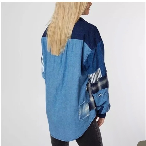 Free People Patch Denim High Low Button Down Shacket Top - Picture 5 of 13